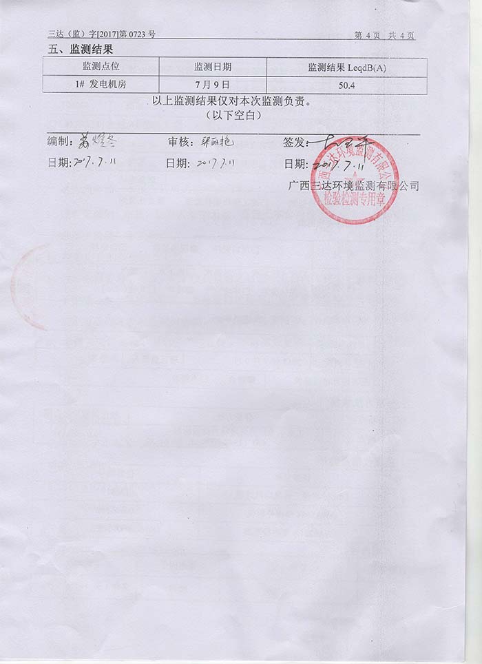 鳳江綠緣發(fā)電機房噪聲監測報告