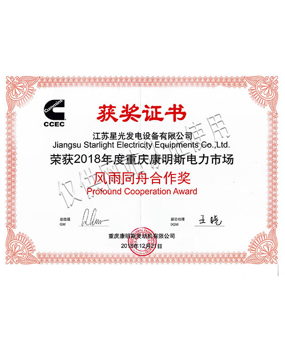 2018年重慶康明斯發(fā)電機風(fēng)雨同舟合作獎
